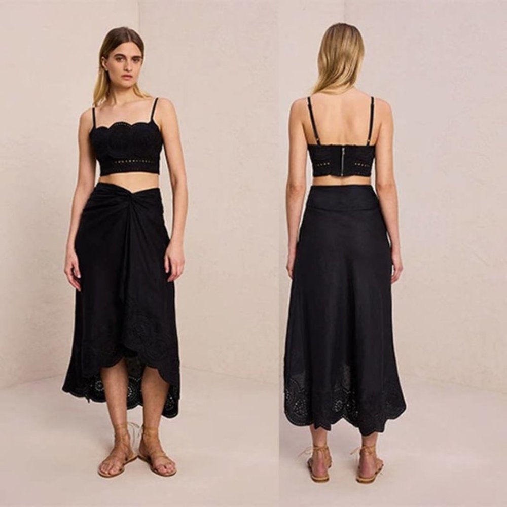 A.L.C Heather Linen Eyelet High Low Midi Skirt Women's Black Size: 0 NWT
